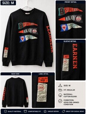DC Comics Black Crewneck Sweatshirt with Red and Green Pennant Graphics